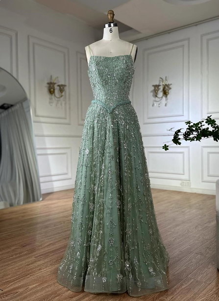 Gorgeous Green A-Line Square Neck Spaghetti Strap Beaded Embroidered Tulle Long Prom Dress Evening Dress