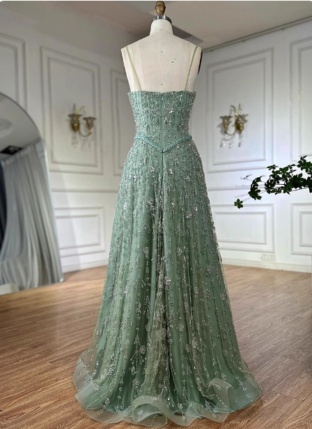 Gorgeous Green A-Line Square Neck Spaghetti Strap Beaded Embroidered Tulle Long Prom Dress Evening Dress