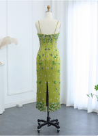 Gorgeous Green Bodycon Spaghetti Strap Square Neck Rhinestone Satin Long Prom Dress Evening Dress