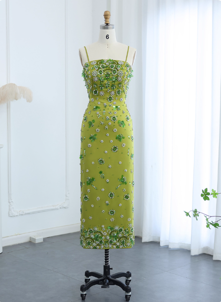 Gorgeous Green Bodycon Spaghetti Strap Square Neck Rhinestone Satin Long Prom Dress Evening Dress