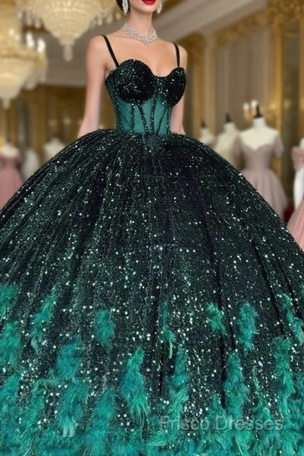 Gorgeous Green Sequins Feathers Ball Gown Quinceanera Dress Formal Sweet 16 Formal Prom Dress Main image