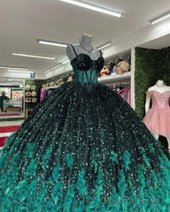Gorgeous Green Sequins Feathers Ball Gown Quinceanera Dress Formal Sweet 16 Prom Dress