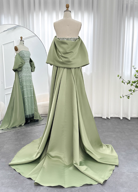 Gorgeous Green Strapless Beaded Cape Satin Train Prom Dress Evening Dress Secondary image