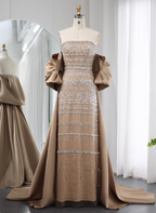 Gorgeous Green Strapless Beaded Cape Satin Train Prom Dress Evening Dress