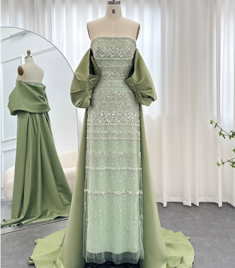 Gorgeous Green Strapless Beaded Cape Satin Train Prom Dress Evening Dress Main image