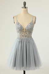 Gorgeous Grey Homecoming Dress A Line Spaghetti Straps Short Formal Prom Dress with Beading