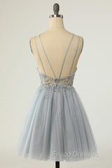 Gorgeous Grey Homecoming Dress A Line Spaghetti Straps Short Formal Prom Dress with Beading