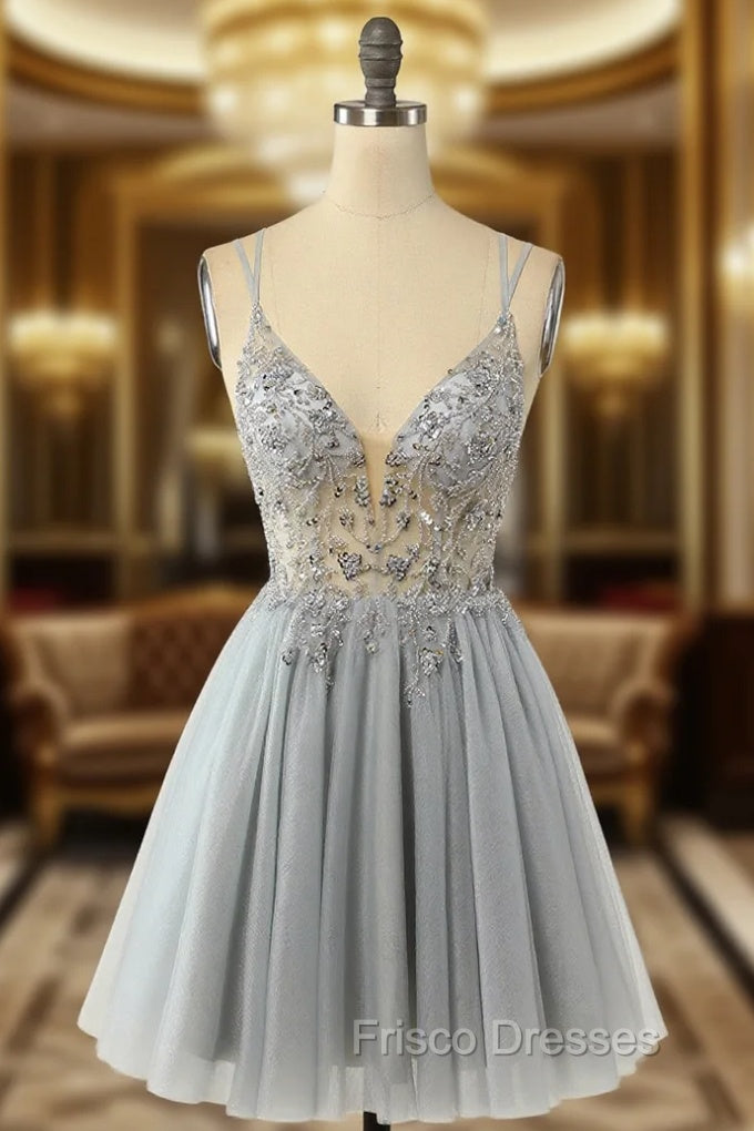 Gorgeous Grey Homecoming Dress A Line Spaghetti Straps Short Formal Prom Dress with Beading