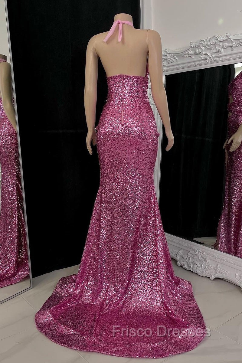 Gorgeous Halter Pink Formal Prom Dress Sequins Sleeveless Long With Split Secondary image