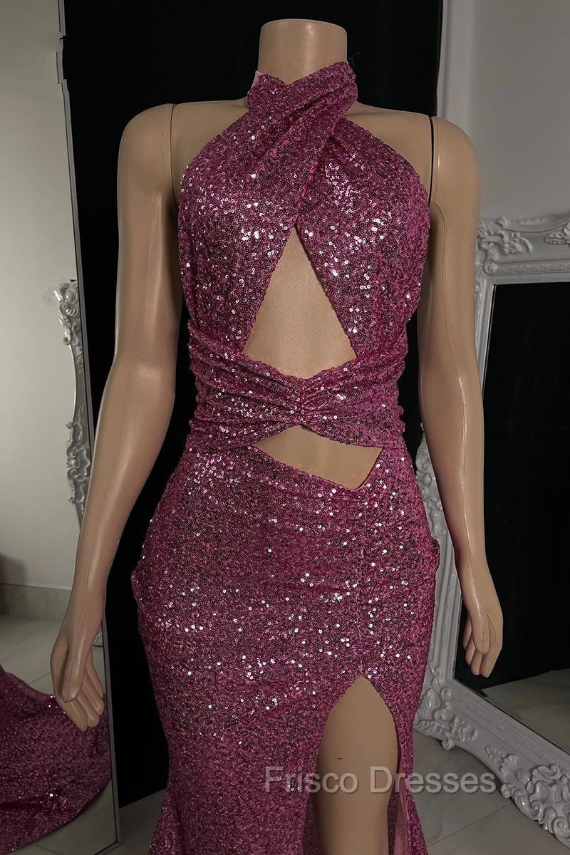 Gorgeous Halter Pink Formal Prom Dress Sequins Sleeveless Long With Split