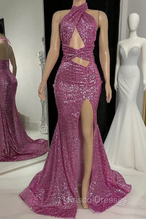 Gorgeous Halter Pink Formal Prom Dress Sequins Sleeveless Long With Split Main image