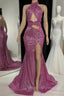 Gorgeous Halter Pink Formal Prom Dress Sequins Sleeveless Long With Split