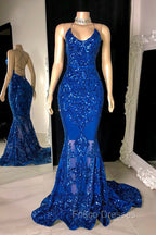 Gorgeous Halter V-Neck Sleeveless Mermaid Formal Prom Dress Sequins Long