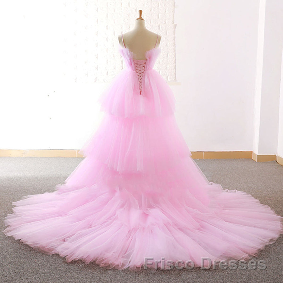Gorgeous High Low Pink Tulle Long Formal Prom Dresses, Pink Tulle Formal Graduation Evening Dresses Secondary image