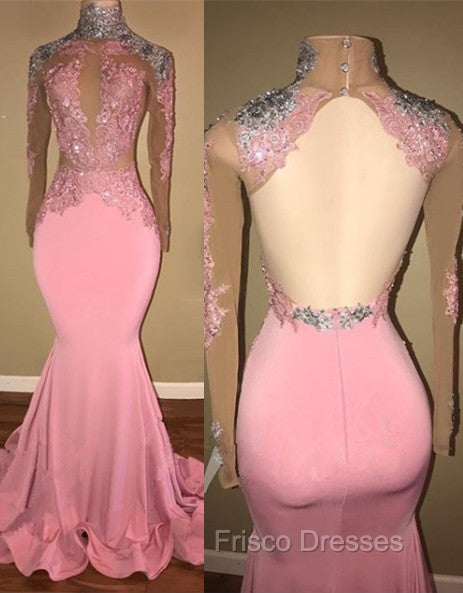 Gorgeous High-Neck Backless Pink Formal Prom Party GownsMermaid With Lace Appliques Secondary image