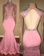 Gorgeous High-Neck Backless Pink Formal Prom Party GownsMermaid With Lace Appliques