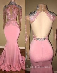 Gorgeous High-Neck Backless Pink Formal Prom Party GownsMermaid With Lace Appliques