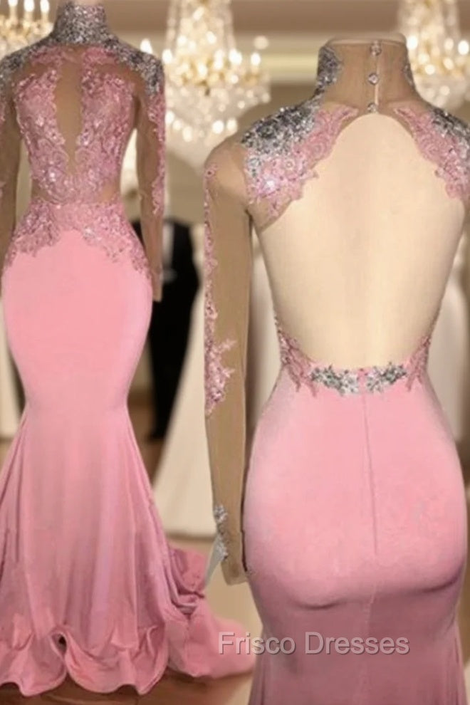 Gorgeous High-Neck Backless Pink Formal Prom Party GownsMermaid With Lace Appliques Main image