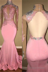 Gorgeous High-Neck Backless Pink Prom Party GownsMermaid With Lace Appliques