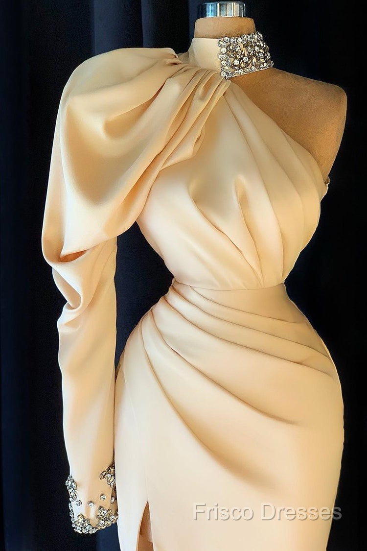 Gorgeous High Neck Long Sleeve Crystal Formal Prom Dress Mermaid With Split