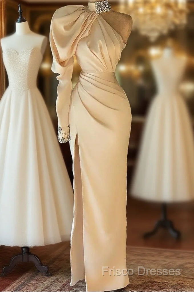 Gorgeous High Neck Long Sleeve Crystal Formal Prom Dress Mermaid With Split Main image
