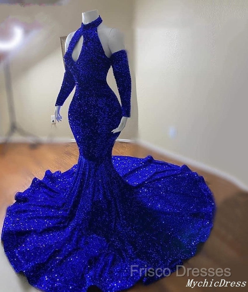 Gorgeous High Neck Long Sleeve Royal Blue Formal Prom Dress Sequins Party Dress Secondary image