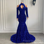 Gorgeous High Neck Long Sleeve Royal Blue Formal Prom Dress Sequins Party Dress
