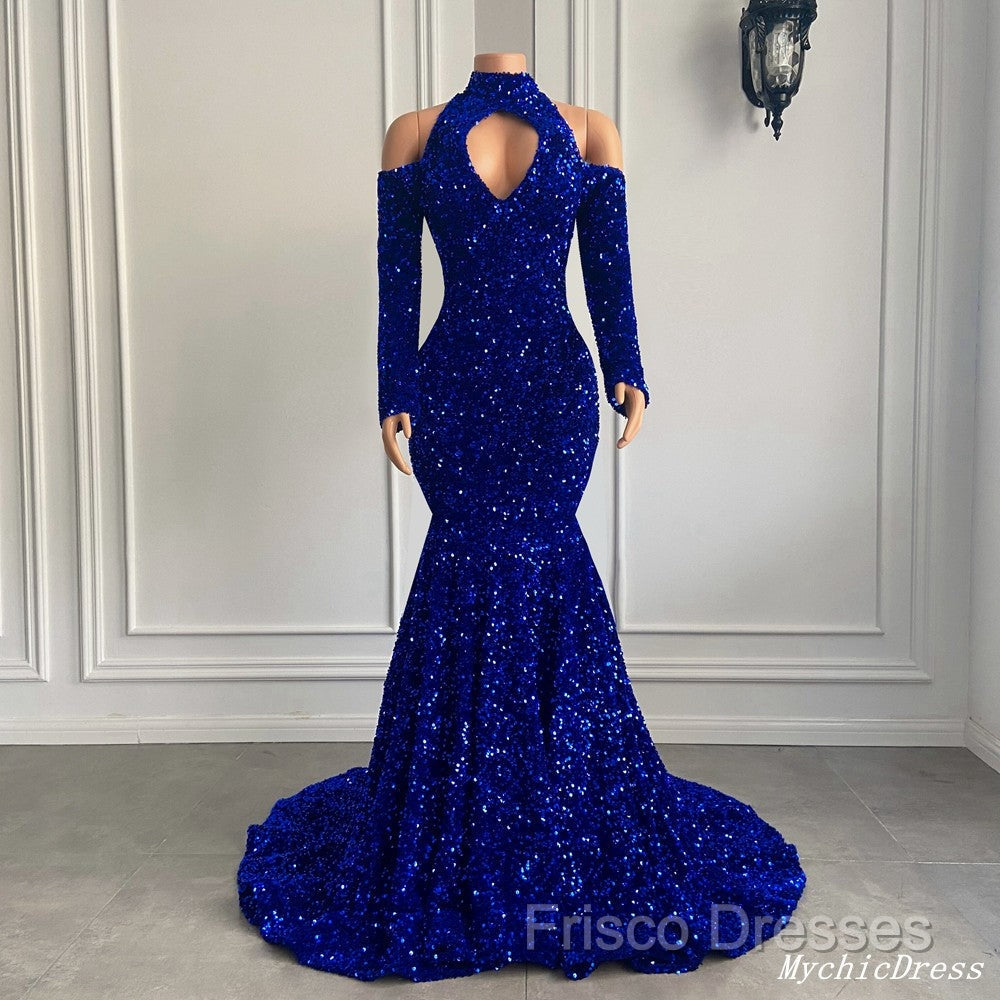 Gorgeous High Neck Long Sleeve Royal Blue Formal Prom Dress Sequins Party Dress