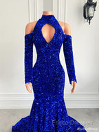 Gorgeous High Neck Long Sleeve Royal Blue Formal Prom Dress Sequins Party Dress