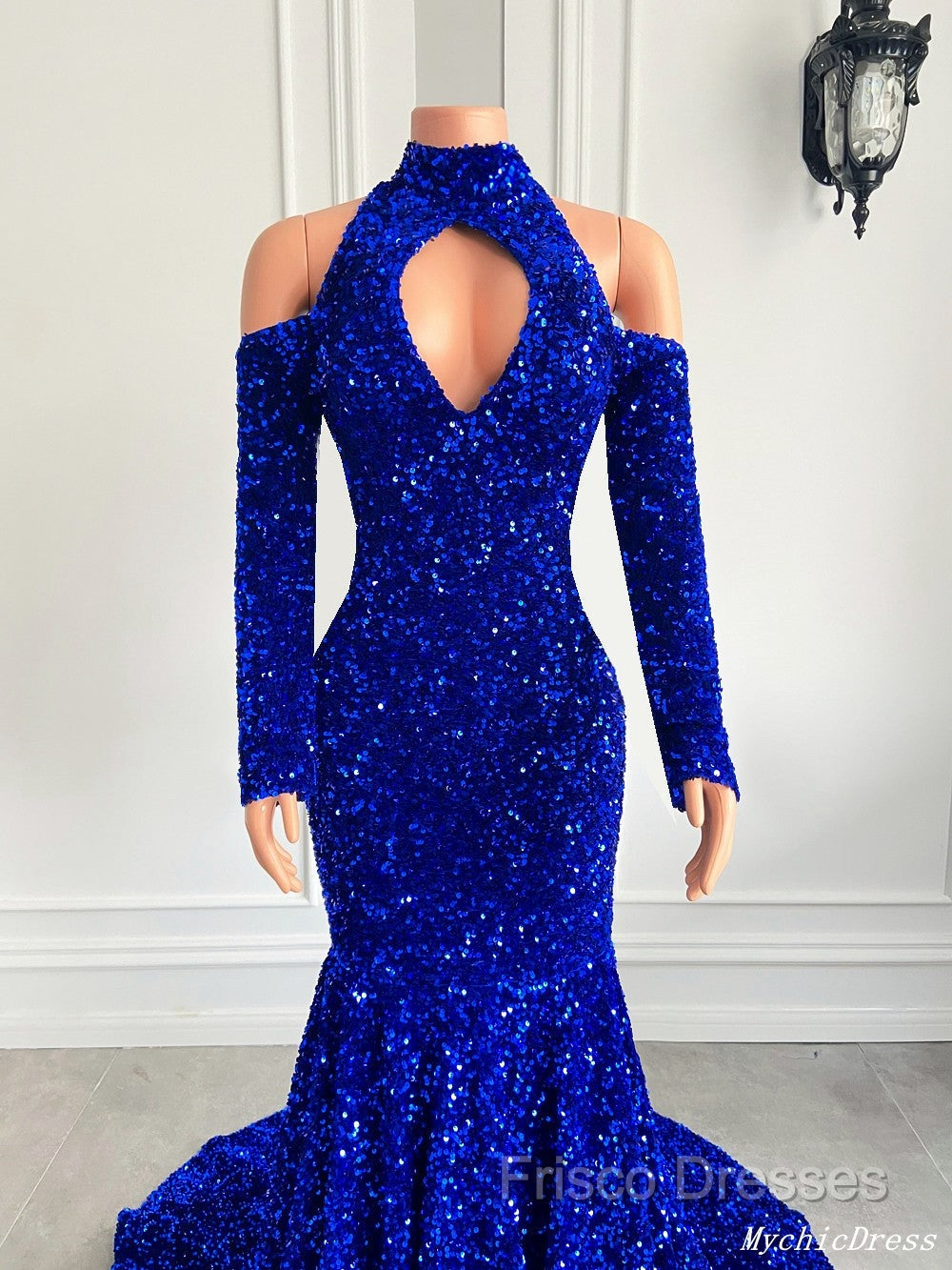Gorgeous High Neck Long Sleeve Royal Blue Formal Prom Dress Sequins Party Dress