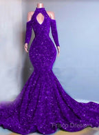 Gorgeous High Neck Long Sleeve Royal Blue Formal Prom Dress Sequins Party Dress