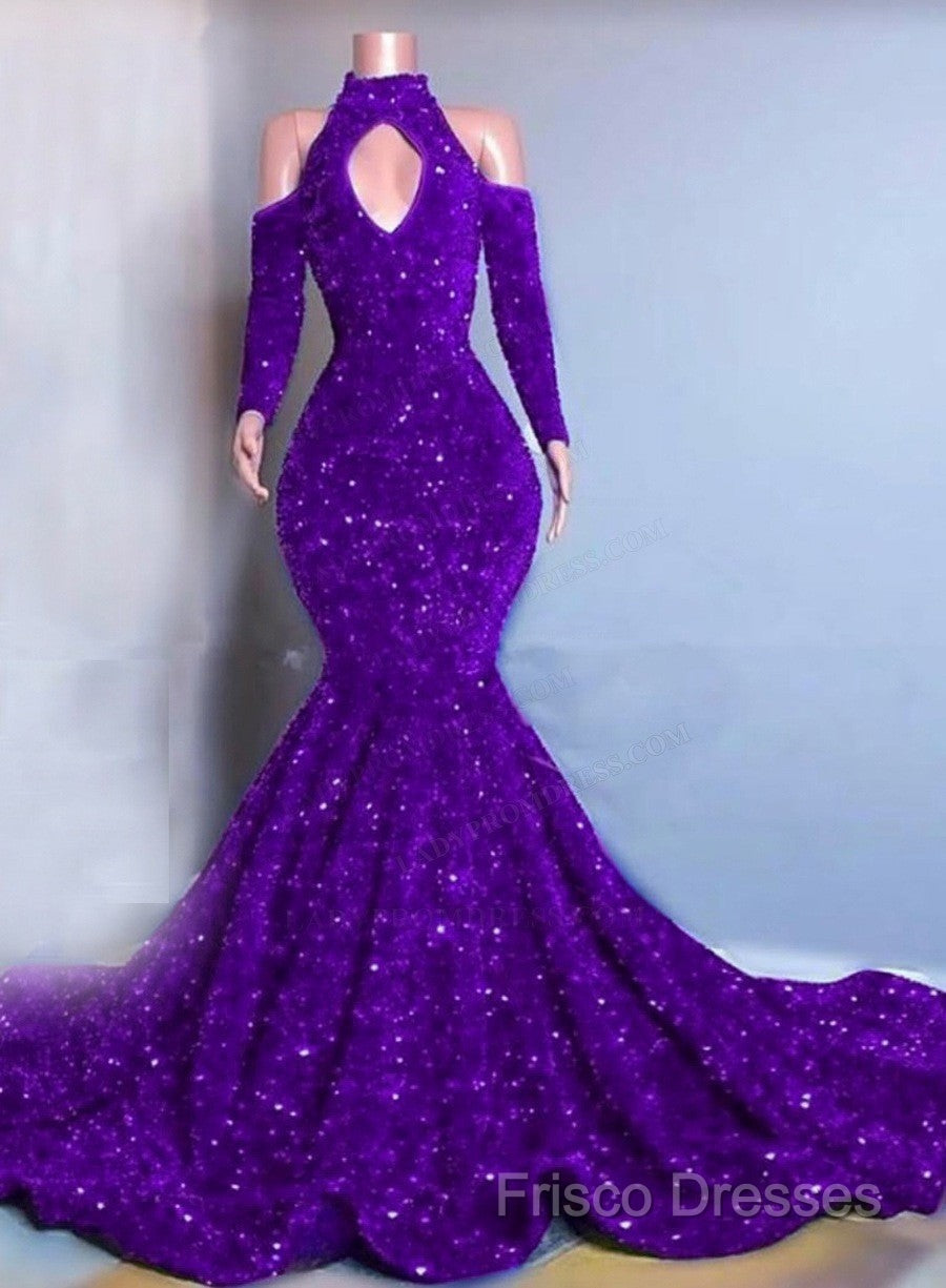 Gorgeous High Neck Long Sleeve Royal Blue Formal Prom Dress Sequins Party Dress