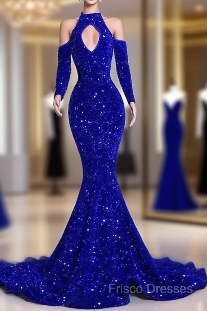 Gorgeous High Neck Long Sleeve Royal Blue Formal Prom Dress Sequins Party Dress Main image