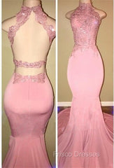 Gorgeous High Neck Pink Lace Formal Prom Party GownsMermaid Long