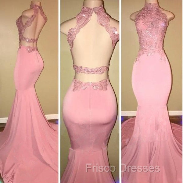 Gorgeous High Neck Pink Lace Formal Prom Party GownsMermaid Long