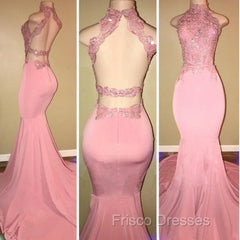 Gorgeous High Neck Pink Lace Formal Prom Party GownsMermaid Long