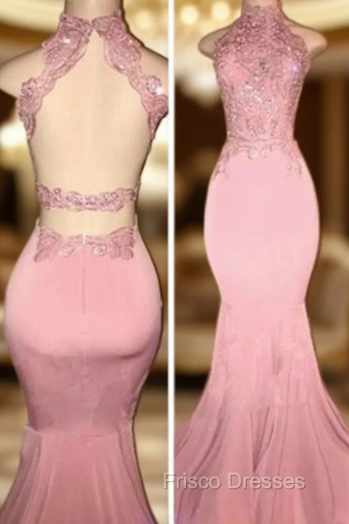 Gorgeous High Neck Pink Lace Formal Prom Party GownsMermaid Long Main image