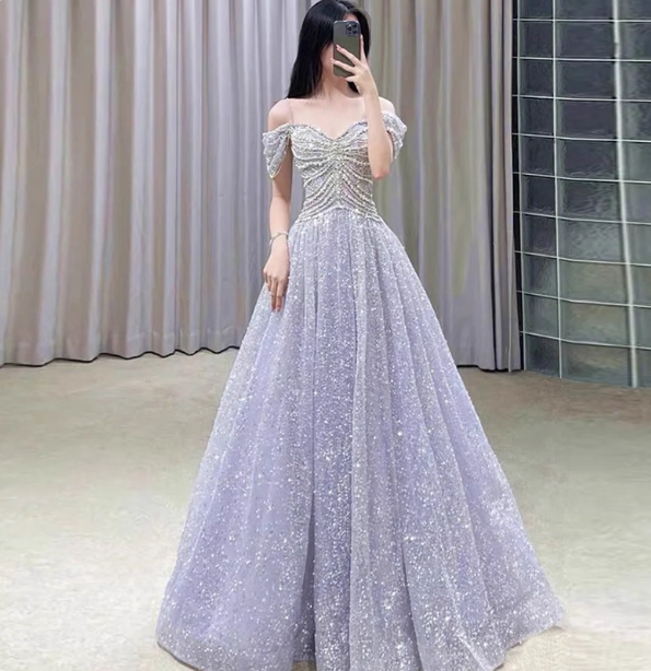 Gorgeous Lavender A-Line Off-The-Shoulder Rhinestone Embellished Sequined Sheer Tulle Long Prom Dress Evening Dress Secondary image