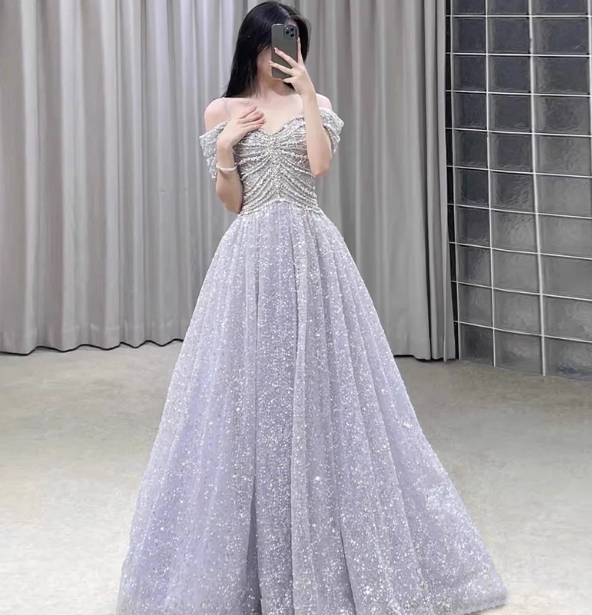 Gorgeous Lavender A-Line Off-The-Shoulder Rhinestone Embellished Sequined Sheer Tulle Long Prom Dress Evening Dress Main image