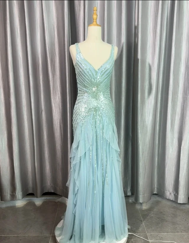 Gorgeous Light Blue V-Neck Ruffled Sequined Chiffon Long Prom Dress Evening Dress Main image