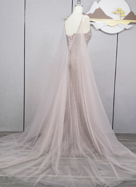 Gorgeous Light Lilac Spaghetti Strap Square Neck Rhinestone Tulle Train Prom Dress Evening Dress Secondary image