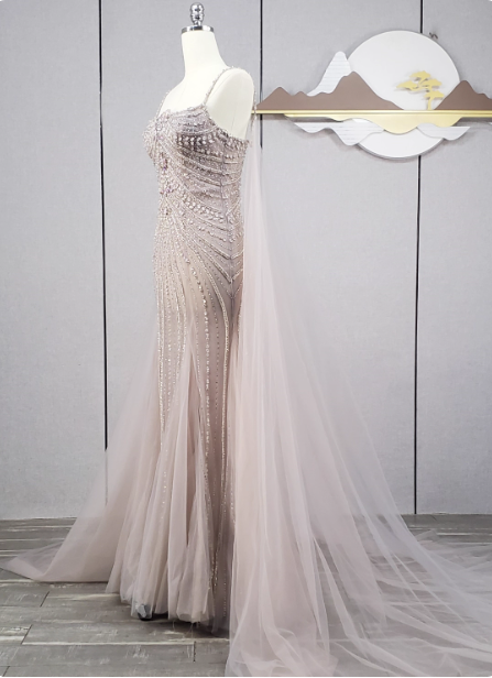 Gorgeous Light Lilac Spaghetti Strap Square Neck Rhinestone Tulle Train Prom Dress Evening Dress