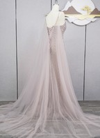 Gorgeous Light Lilac Spaghetti Strap Square Neck Rhinestone Tulle Train Prom Dress Evening Dress