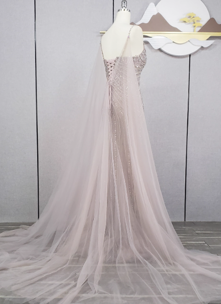 Gorgeous Light Lilac Spaghetti Strap Square Neck Rhinestone Tulle Train Prom Dress Evening Dress