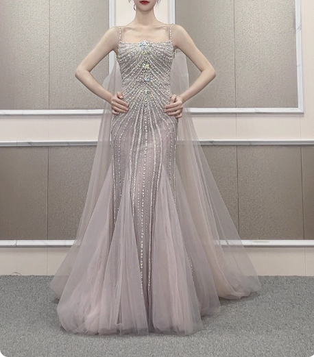 Gorgeous Light Lilac Spaghetti Strap Square Neck Rhinestone Tulle Train Prom Dress Evening Dress