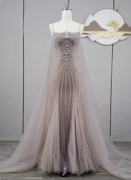 Gorgeous Light Lilac Spaghetti Strap Square Neck Rhinestone Tulle Train Prom Dress Evening Dress