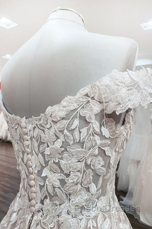 Gorgeous Long A-line Off-the-shoulder Tulle Lace Ruffles Wedding Dress