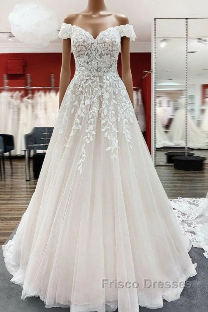 Gorgeous Long A-line Off-the-shoulder Tulle Lace Ruffles Wedding Dress Main image