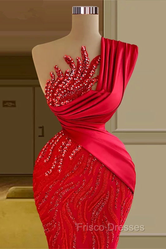 Gorgeous Long Red Mermaid One Shoulder Lace Sequined Sleeveless Formal Prom Dress Secondary image