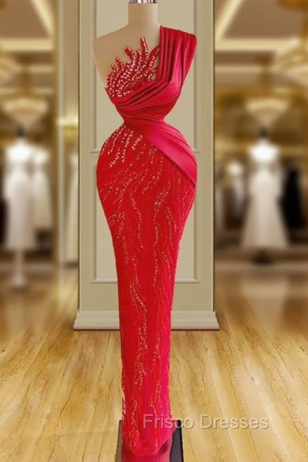 Gorgeous Long Red Mermaid One Shoulder Lace Sequined Sleeveless Formal Prom Dress Main image